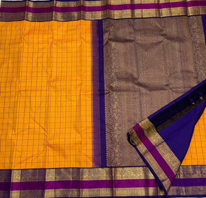 Classic Golden Yellow & Wine Berry 1gm Zari Elegance Kanchipuram Handloom Silk Saree SS24712