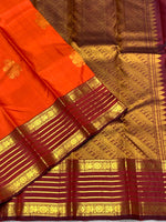Load image into Gallery viewer, Classic Apricot Orange &amp; Garnet Red Bridal Elegance Kanchipuram Handloom Silk Saree SS28459
