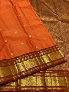 Classic Apricot Orange & Burnt Orange 2gm Zari Vaira Oosi Elegance Kanchipuram Handloom Silk Saree SS25328
