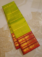 Load image into Gallery viewer, Classic Spring Green &amp; Brick Orange Red 2gm Zari Elegance Kanchipuram Handloom Silk Saree SS27953
