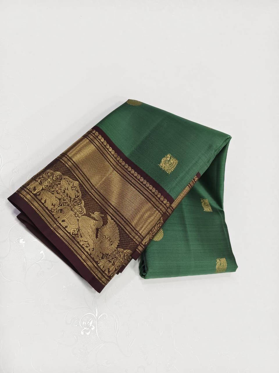 Classic Jade Green & Coffee Brown 2gm Zari Elegance Kanchipuram Handloom Silk Saree SS24655