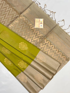 Classic Olive Green & Malibu Beige Double Warp Elegance Handloom Soft Silk Saree SS23208