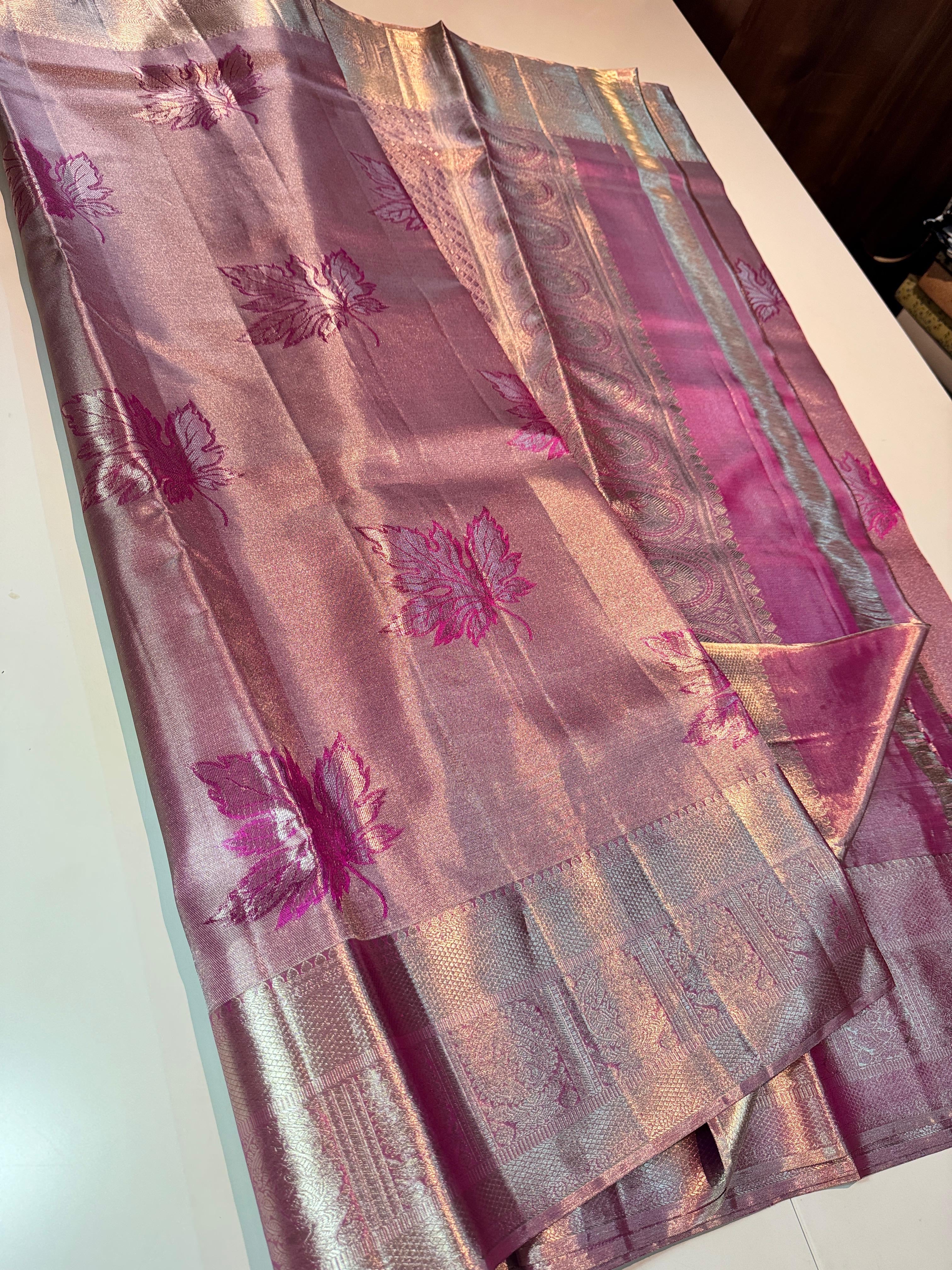 Classic Pastel Onion Pink Maple Leaf Designed 2gm Zari Bridal Elegance Kanchipuram Handloom Silk Saree SS25945