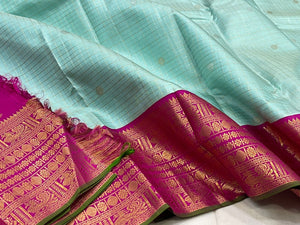 Classic Ice Blue & Deep Pink 2gm Zari Silver & Butta Korvai Elegance Kanchipuram Silk Saree SS24018