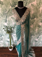 Load image into Gallery viewer, Classic Tinted Blue Handwork Elegance Crushed Tissue Silk Saree SS25698
