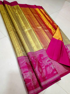 Shimmer Gold & Deep Pink 4D designed Bridal Elegance Kanchipuram Handloom Silk Saree SS24775