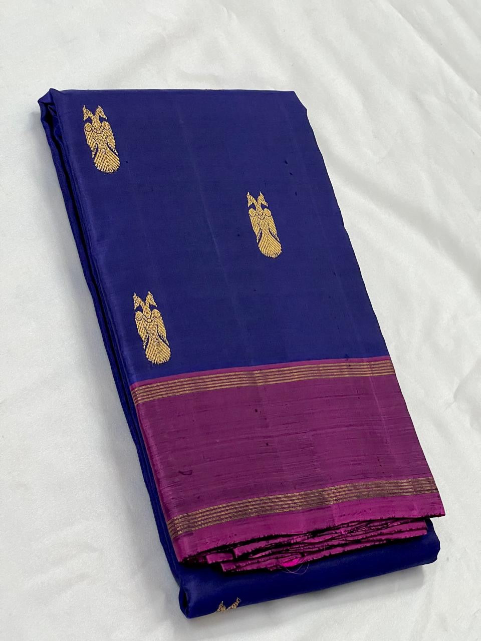 Classic Blue & Wine Plum 2gm Zari Elegance Kanchipuram Handloom Silk Saree SS24123