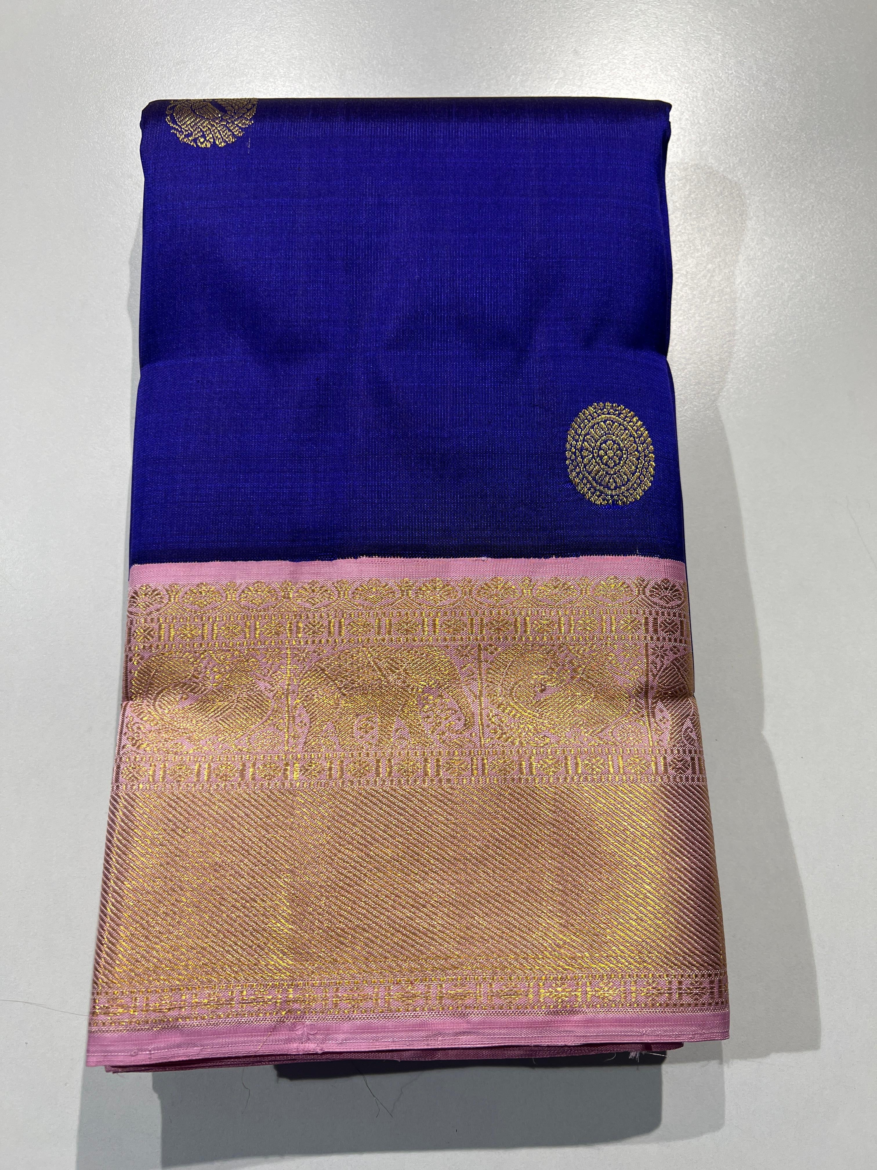 Classic Royal Blue & Baby Pink 2gm Zari Korvai Elegance Kanchipuram Handloom Silk Saree SS24501