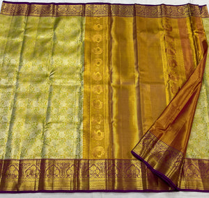 Classic Pastel Green & Purple 2gm Zari Brocade Bridal Elegance Kanchipuram Handloom Silk Saree SS23638