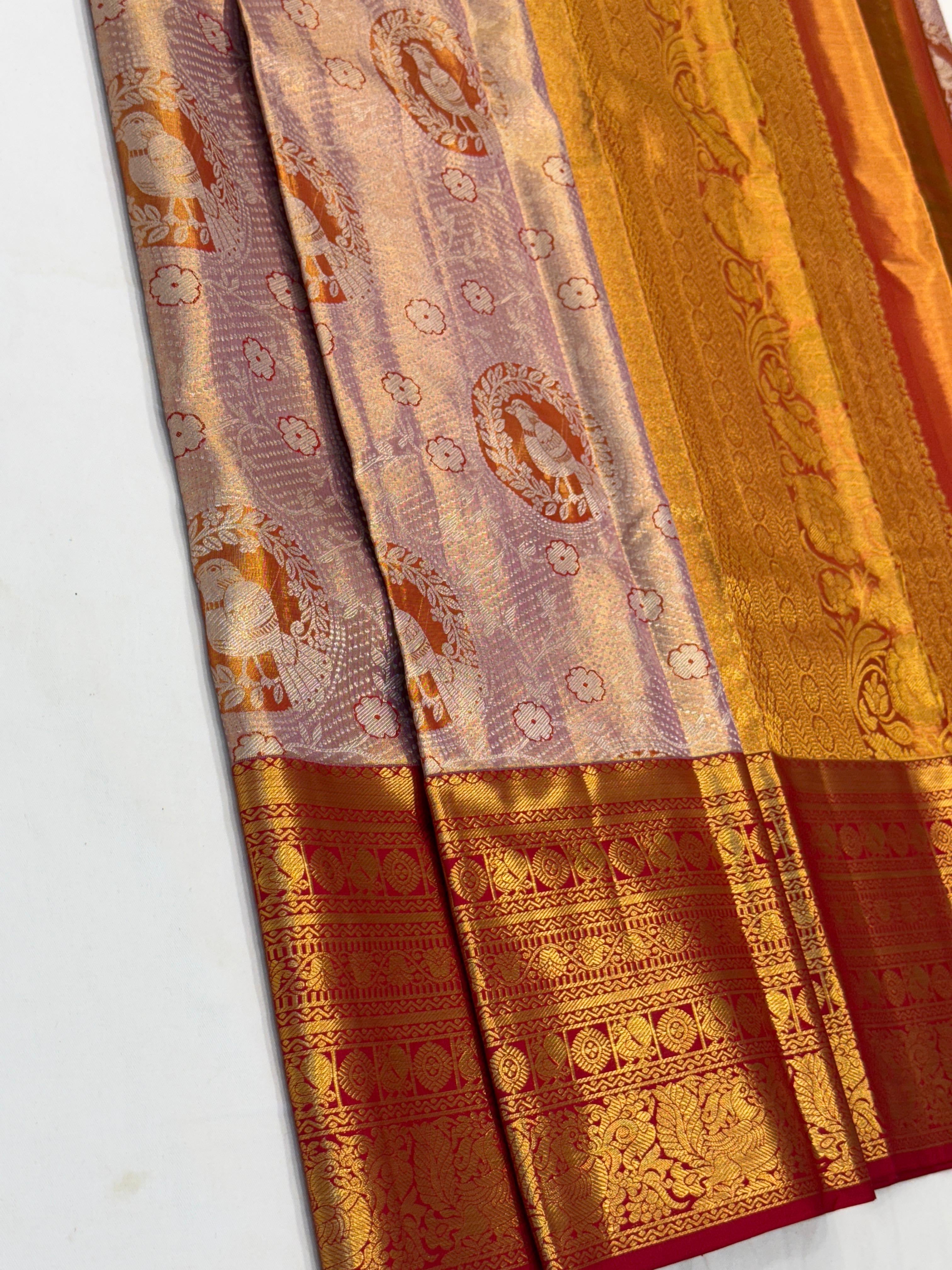 Classic Rose Gold & Brick Red Bridal Elegance Kanchipuram Tissue Handloom Silk Saree SS24179