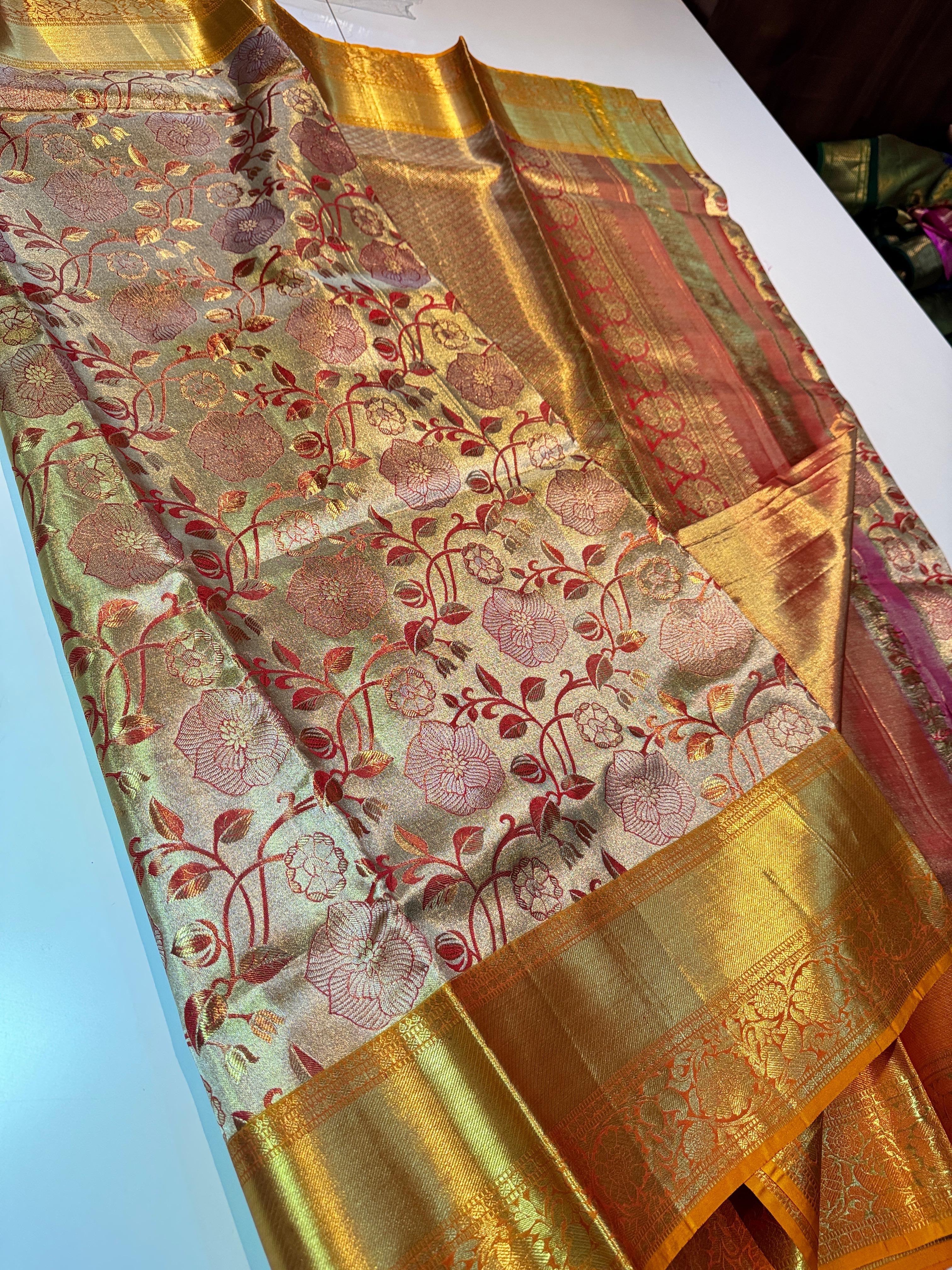 Classic Shimmer Mustard Elegance Kanchipuram Tissue Handloom Silk Saree SS24510