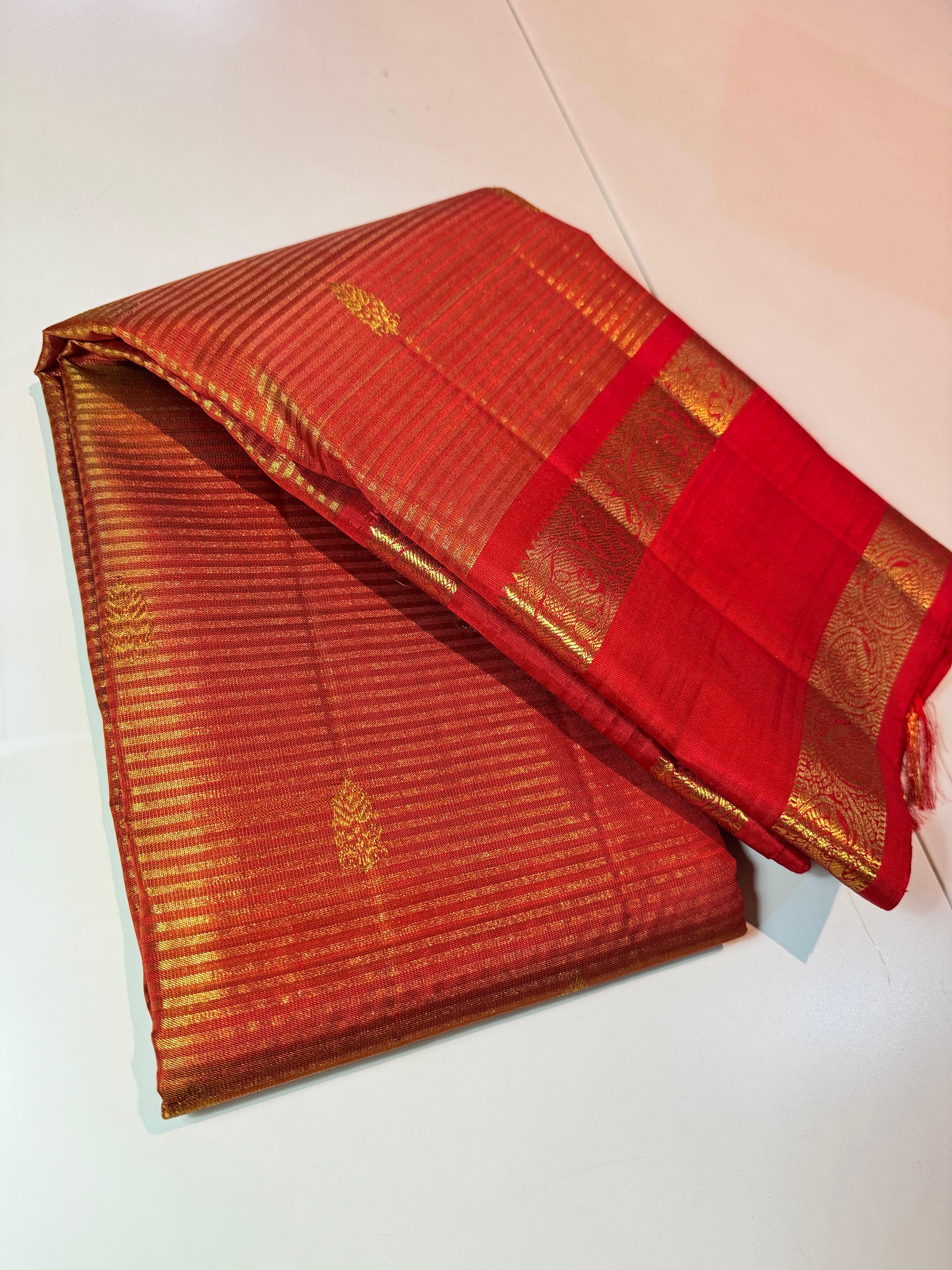 Classic Scarlet Red Orange Elegance Kanchipuram Tissue Handloom Silk Saree SS25376