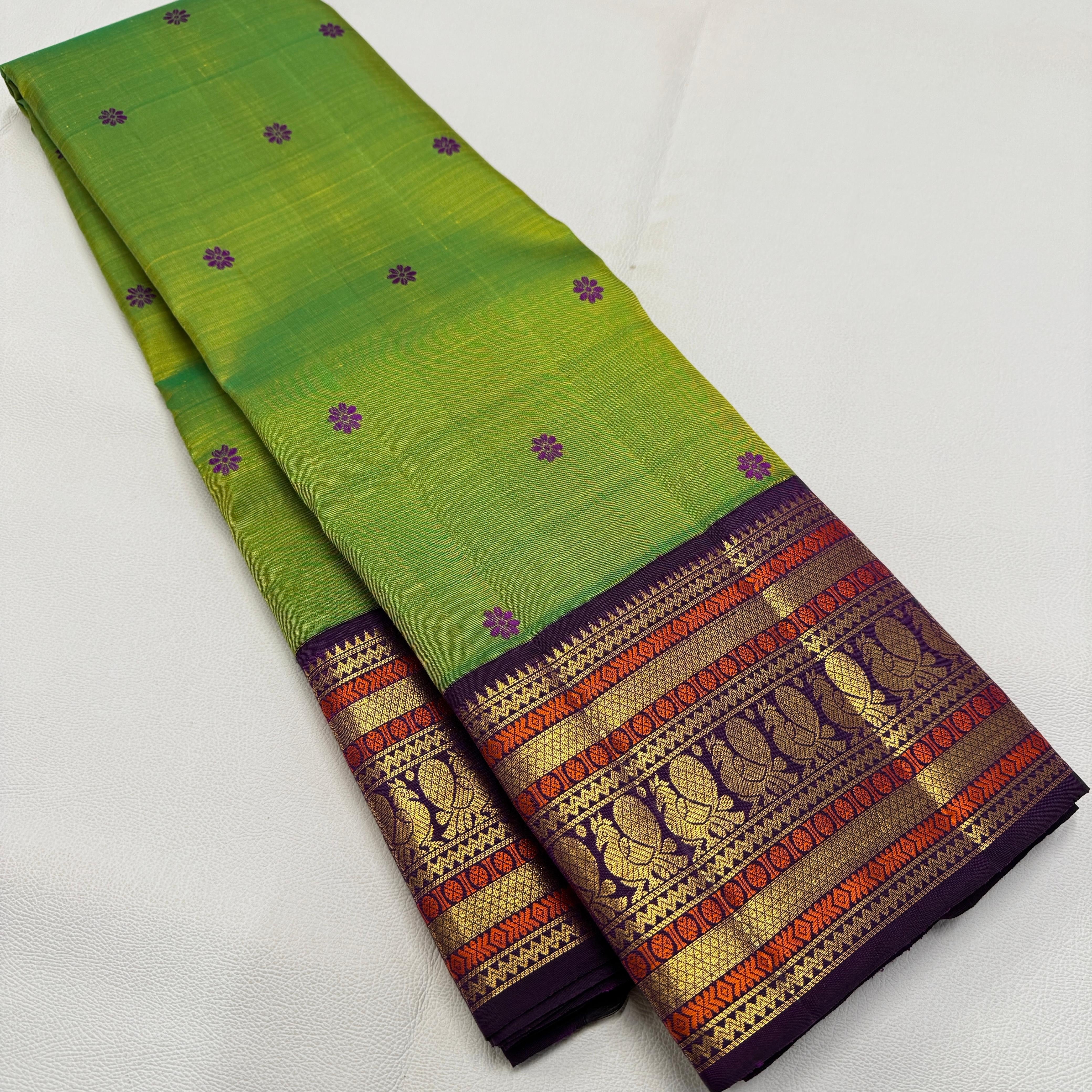 Classic Spring Green & Plum Kanchipuram Handloom Silk Saree SS26268