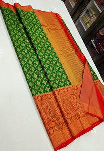 Classic Green & Scarlet Red 1gm Zari Korvai Elegance Kanchipuram Handloom Silk Saree SS25184