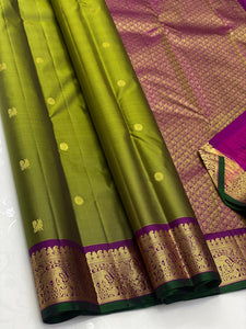 Classic Olive Green & Wine Red 2gm Zari Bridal Elegance Kanchipuram Handloom Silk Saree SS24401