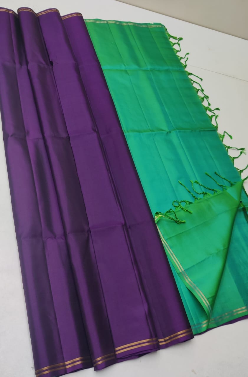 Classic Eminence Violet & Turquoise Green Elegance Plain Handloom Soft Silk Saree SS24076