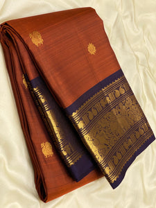 Classic Brick Red & Navy Blue 2gm Zari Kanchipuram Handloom Silk Saree SS25549