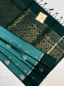 Classic Blue Green & Bottle Green Double Warp Elegance Handloom Soft Silk Saree SS23211