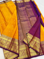 Load image into Gallery viewer, Classic Golden Yellow &amp; Plum Elegance Kanchipuram Handloom Silk Saree SS27843
