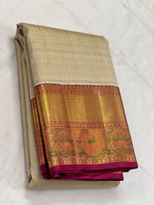 Classic Beige & Berry Pink 2gm Zari Kanchipuram Handloom Silk Saree SS25725