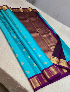 Classic Sky Blue & Plum 2gm Zari Kanchipuram Handloom Silk Saree SS26371