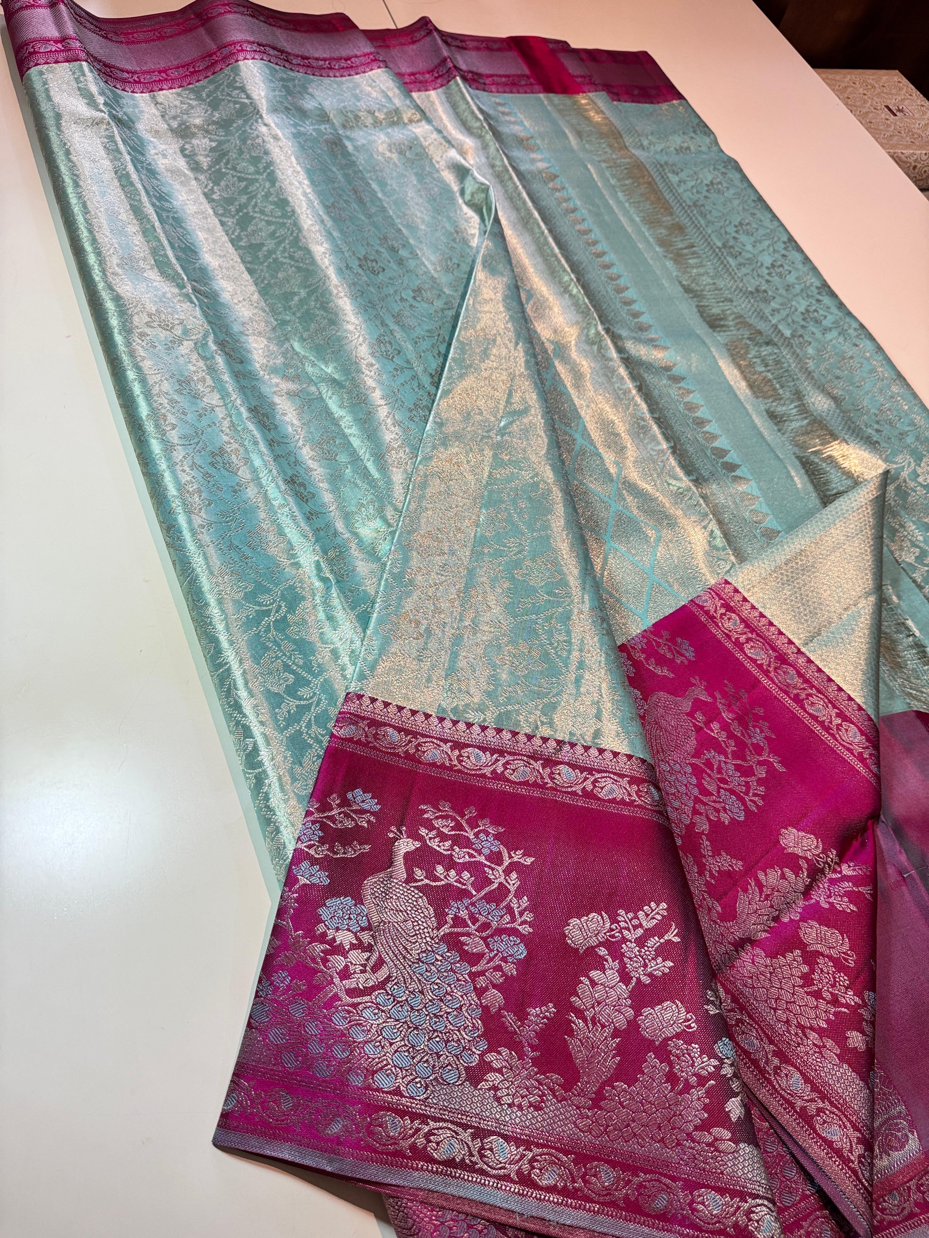 Classic Aqua & Deep Pink Meenakari Brocade Bridal Elegance Kanchipuram Handloom Silk Saree SS25334