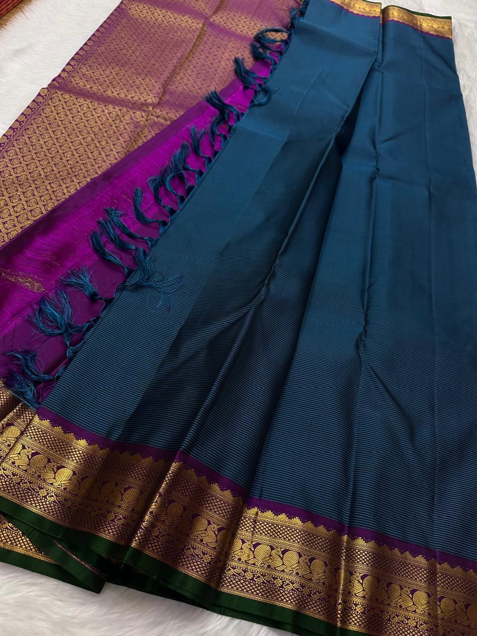 Classic Prussian Blue & Fuchsia Pink Elegance Kanchipuram Handloom Silk Saree SS25400