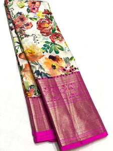 Classic White & Fuchsia Pink Kalamkari Digital Print Bridal Elegance Kanchipuram Handloom Silk Saree SS23912