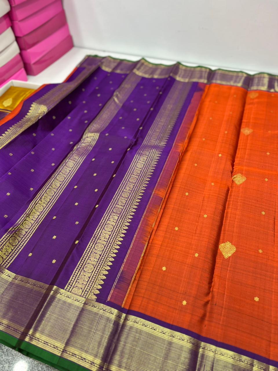 Classic Sunset Orange & Vadamalli 2gm Zari Kanchipuram Handloom Silk Saree SS25996