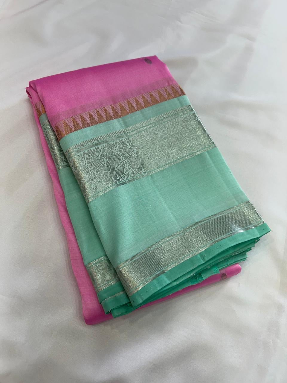 Classic Pink & Sea Green Kanchipuram Handloom Silk Saree SS25949