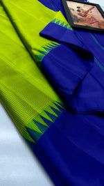 Load image into Gallery viewer, Classic Lime Green &amp; Royal Blue Korvai Checks Kanchipuram Handloom Silk Saree SS25920
