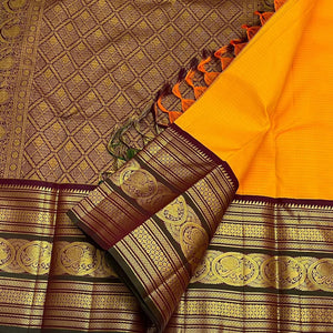 Classic Mango Yellow & Mahogany Red 2gm Zari Korvai Vaira Oosi Checks Kanchipuram Handloom Silk Saree SS26250