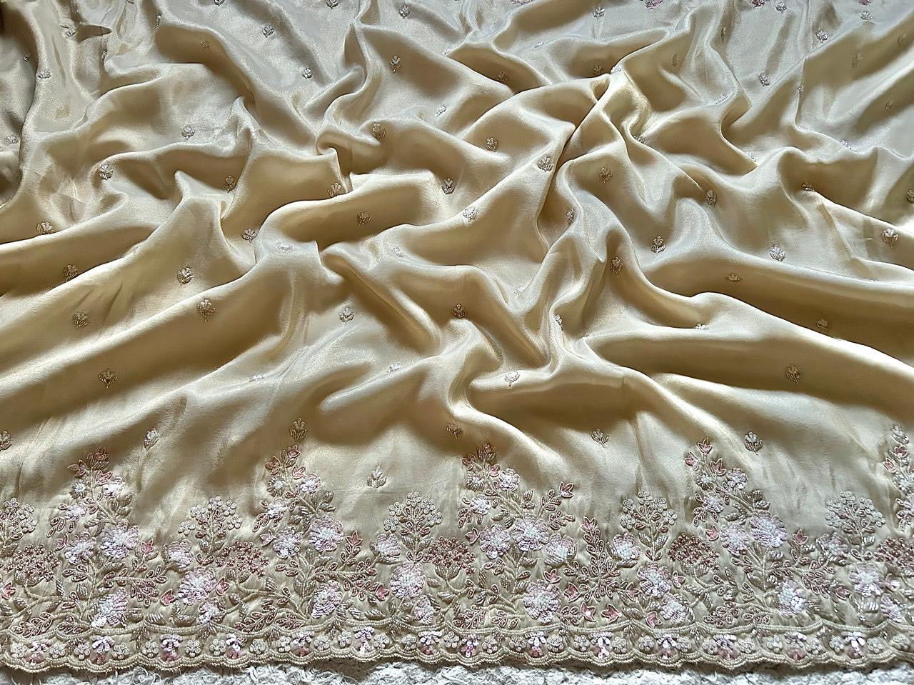 Classic Oatmeal Beige Handwork Elegance Banarasi Tissue Silk Saree SS25397