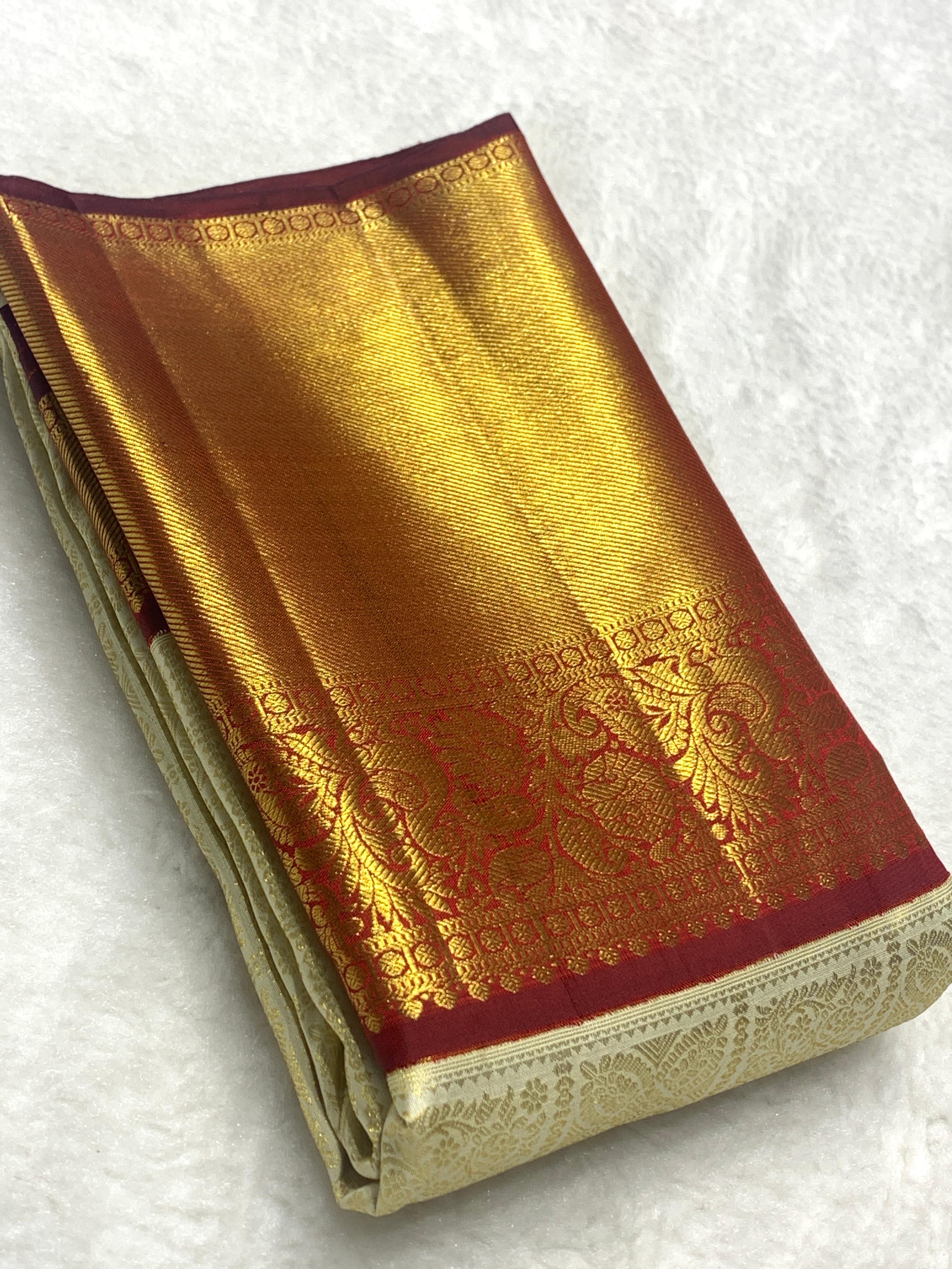 Classic Pearl Beige & Burnt Brown 2gm Zari Bridal Elegance Kanchipuram Handloom Silk Saree SS25832