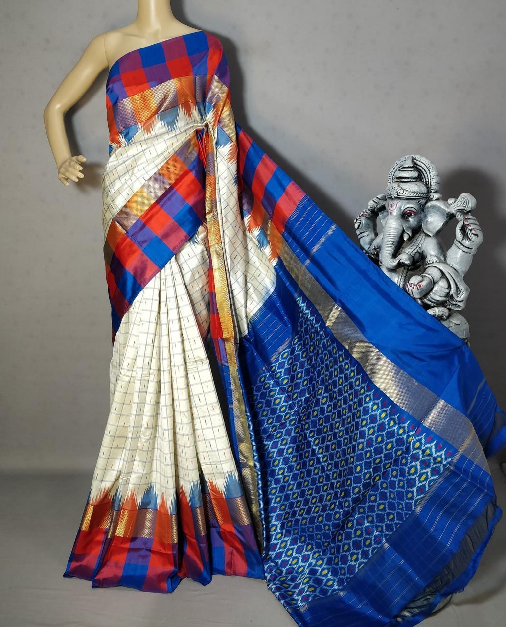 Classic White & Azure Blue Ikkat Elegance Handloom Soft Silk Saree SS23103