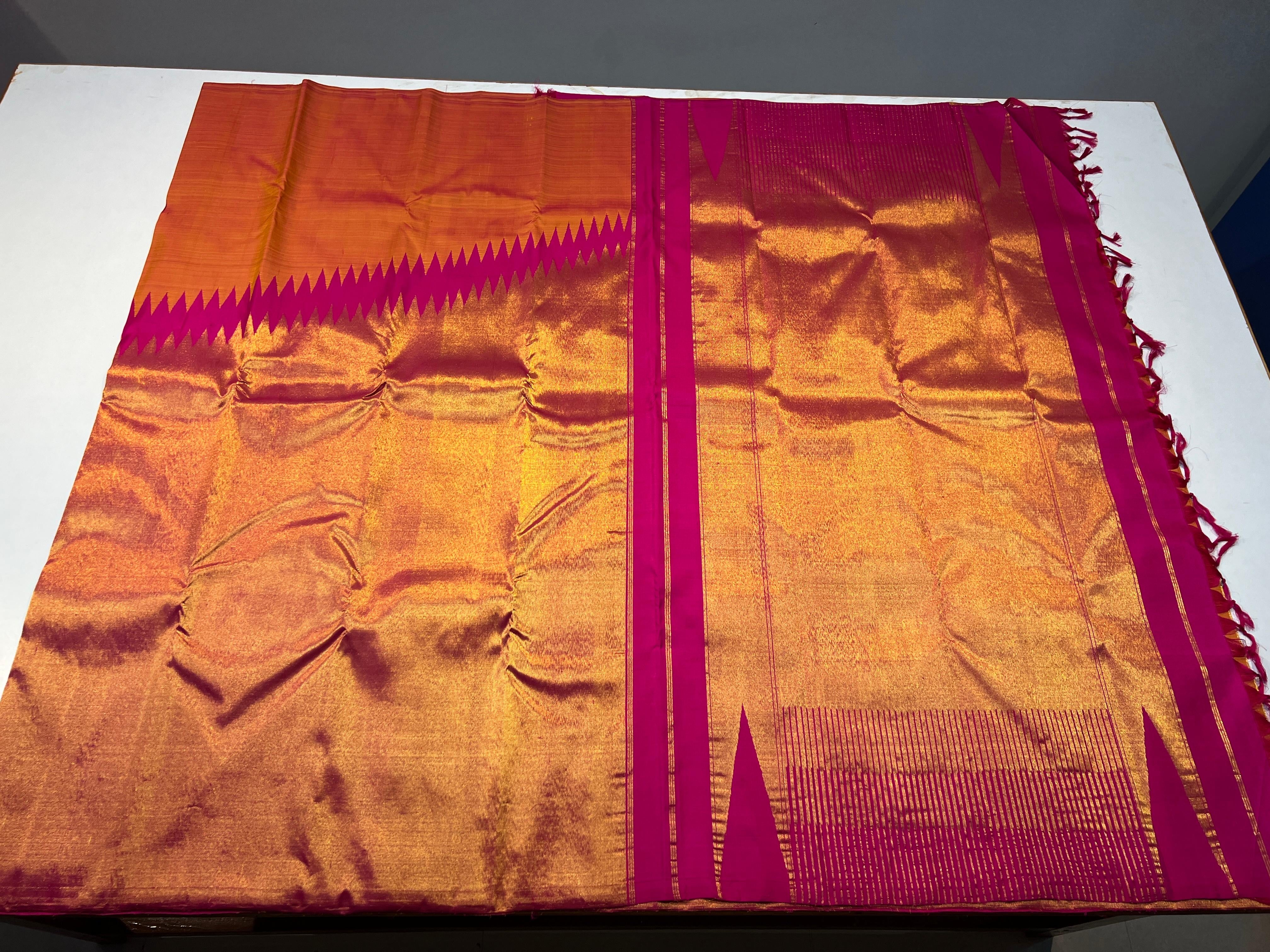 Classic Apricot Orange 1gm Zari Rising Temple Border Elegance Kanchipuram Handloom Silk Saree SS24135