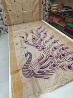 Load image into Gallery viewer, Classic Champagne Beige Peacock Designed Elegance Desi Tussar Silk Saree SS24161
