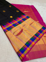 Load image into Gallery viewer, Classic Charcoal Black &amp; Gold Pink 2gm Zari Kanchipuram Handloom Silk Saree SS26366
