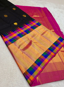 Classic Charcoal Black & Gold Pink 2gm Zari Kanchipuram Handloom Silk Saree SS26366
