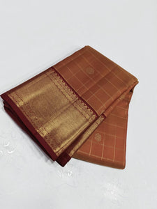 Classic Burnt Orange & Mahogany Red 2gm Zari Kanchipuram Handloom Silk Saree SS25608