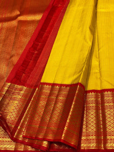 Classic Sunny Yellow & Chilli Red 3gm Zari Bridal Elegance Kanchipuram Handloom Silk Saree SS25171