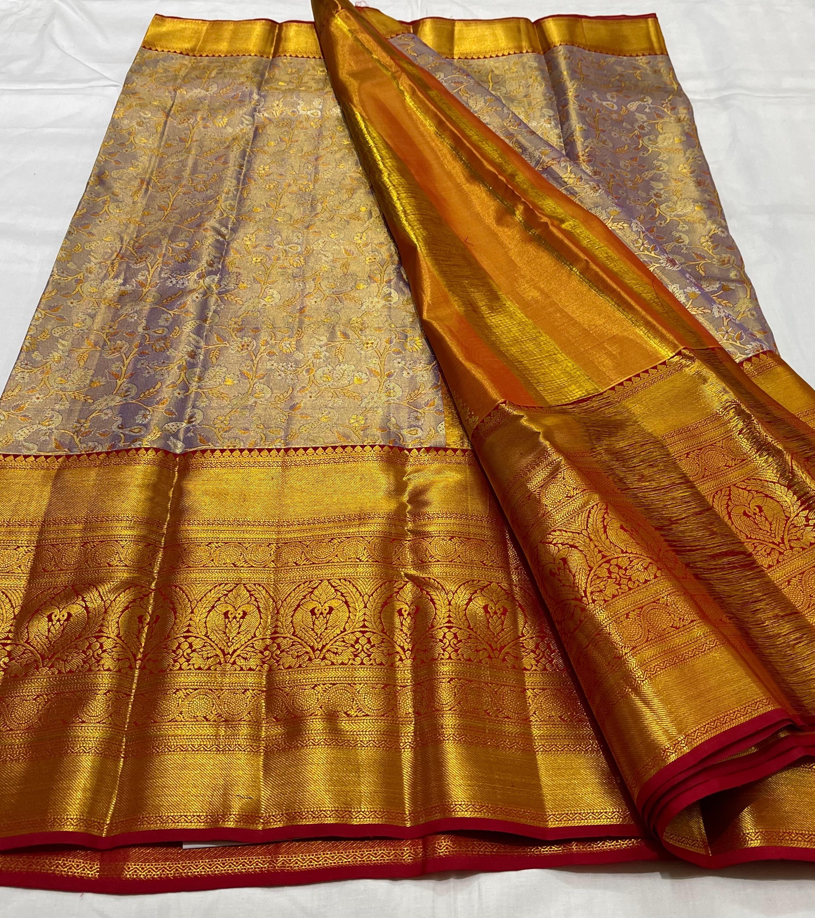 Classic Lavender & Brick Red 2gm Zari Brocade Bridal Elegance Kanchipuram Handloom Silk Saree SS23645