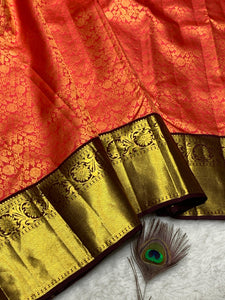 Classic Orange & Coffee Brown 2gm Zari Bridal Elegance Kanchipuram Handloom Silk Saree SS25831