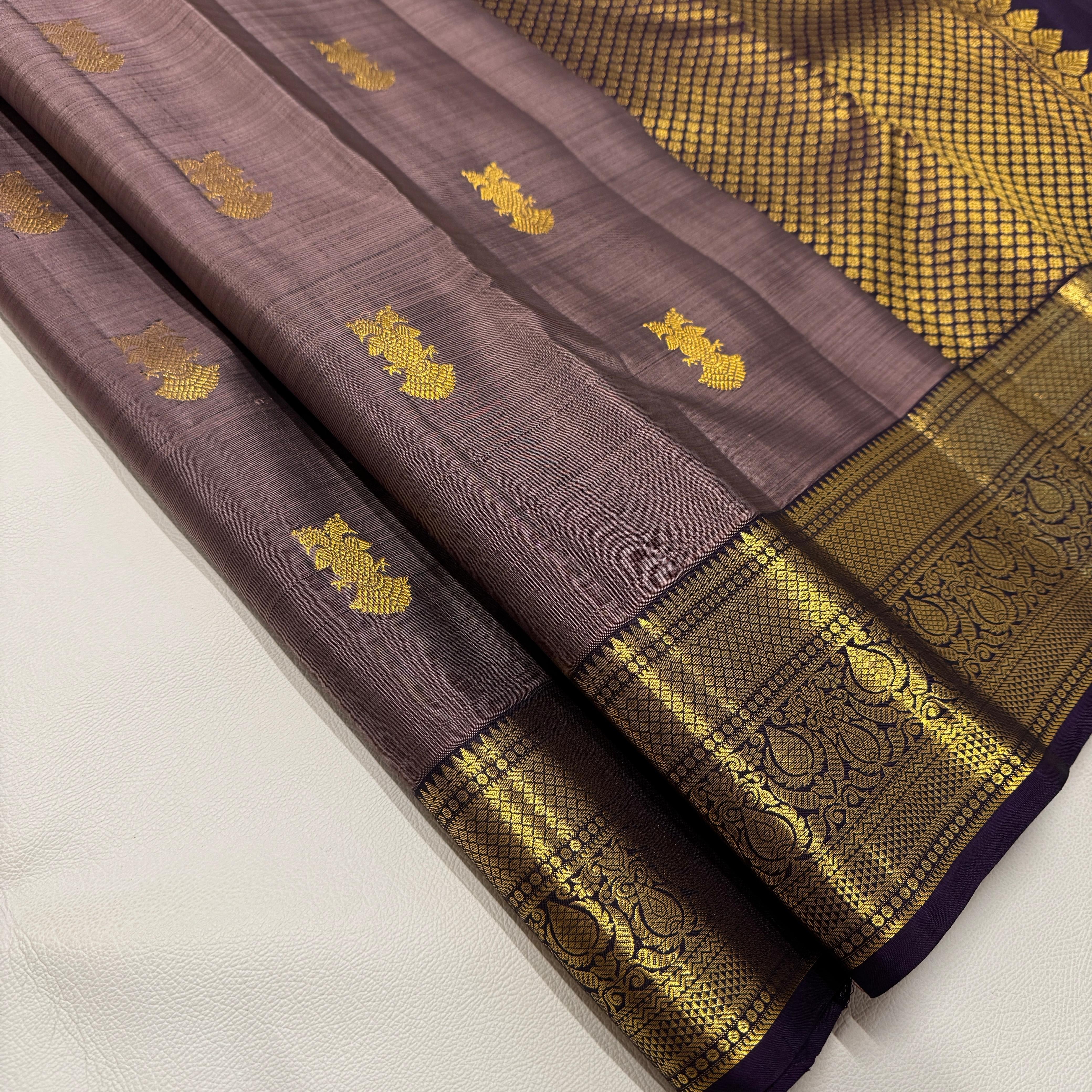 Classic Cocoa Chocolate & Eminence Purple 2gm Zari Kanchipuram Handloom Silk Saree SS26054