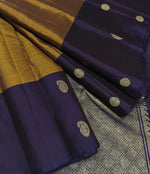 Load image into Gallery viewer, Classic Mustard &amp; Navy Blue 2gm Zari Vaira Oosi Checks Elegance Kanchipuram Handloom Silk Saree SS27110
