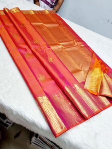 Classic Orange Rose 1gm Zari Elegance Kanchipuram Handloom Silk Saree SS24352