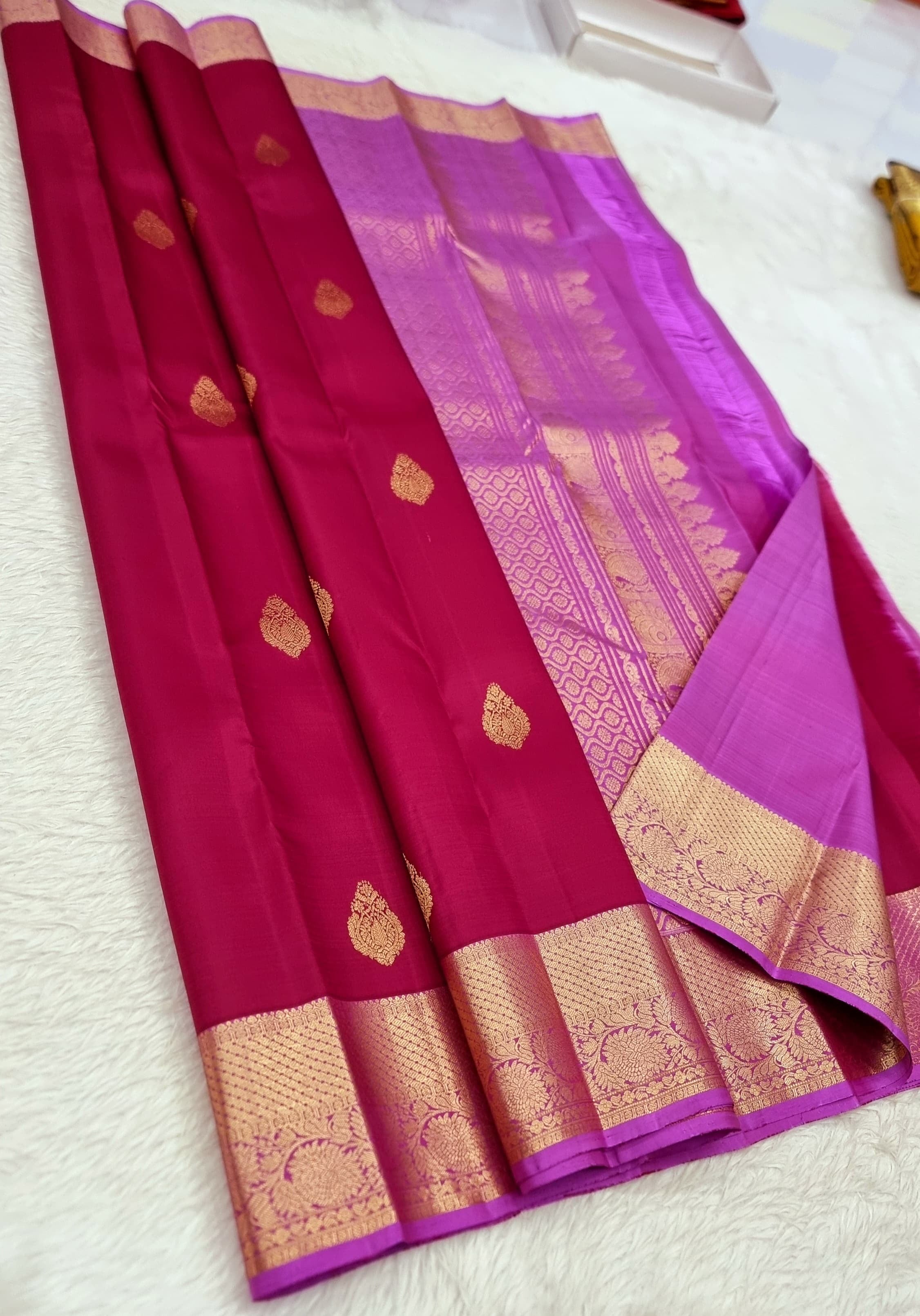 Deep Pink & Lilac 1gm Zari Kanchipuram Handloom Silk Saree SS25787