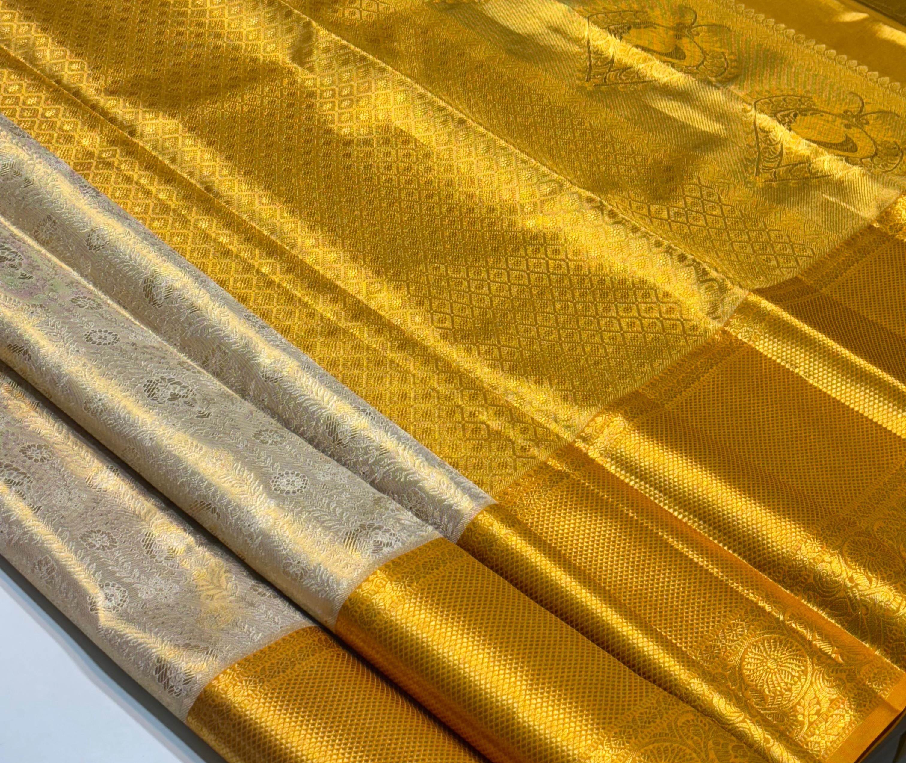 Classic Shimmer Pearl & Yellow Bridal Elegance Kanchipuram Tissue Handloom Silk Saree SS24181