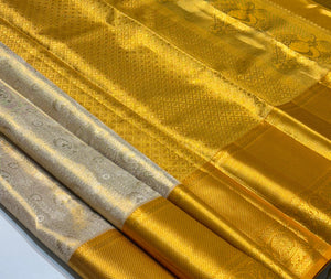 Classic Shimmer Pearl & Yellow Bridal Elegance Kanchipuram Tissue Handloom Silk Saree SS24181