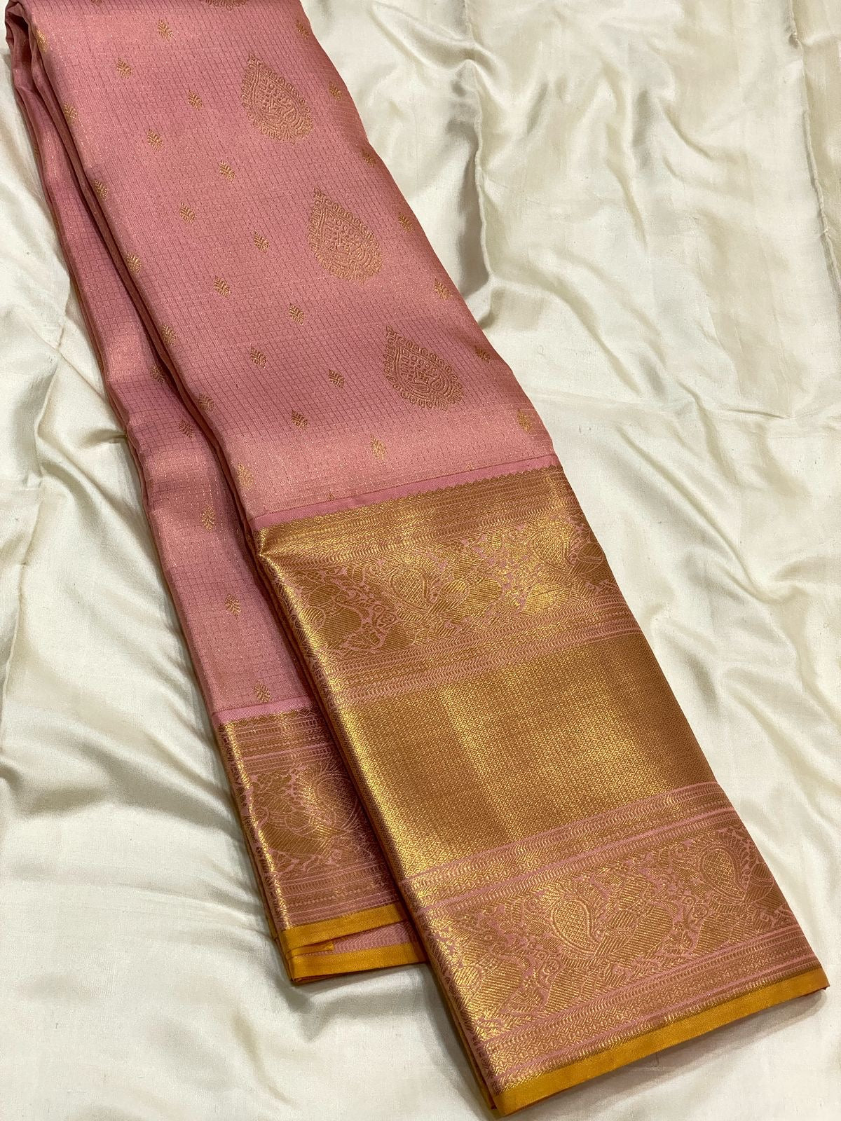 Classic Dusky Pink & Mustard Yellow Brocade 2gm Zari Bridal Elegance Kanchipuram Handloom Silk Saree SS24379